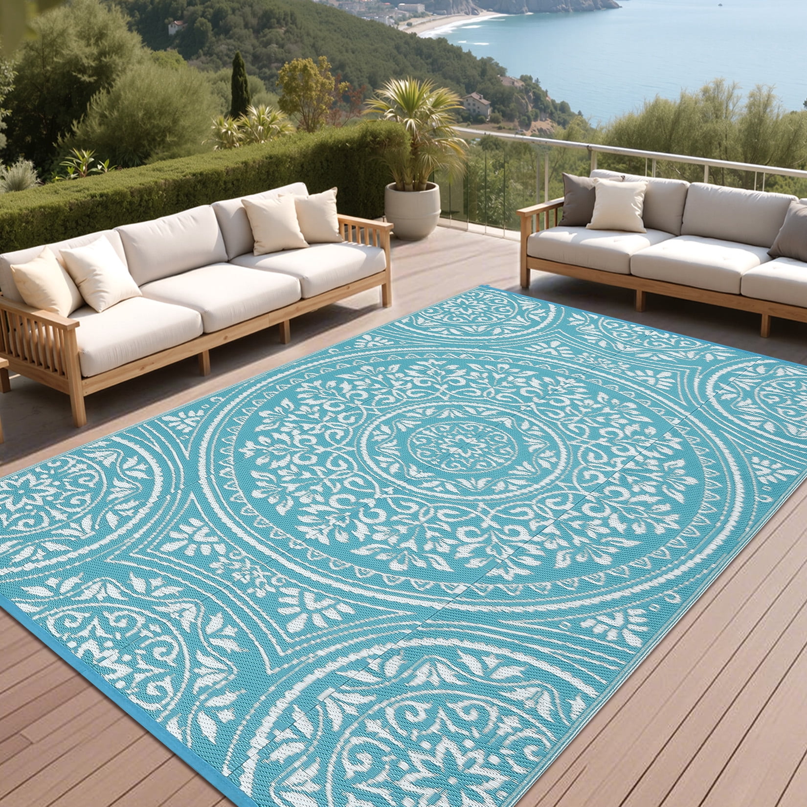 HIWEAVER 8' x 10' Light Blue Outdoor Rug PP Plastic Straw Woven Waterproof Patio Rug with Border Portable Outside Carpet for Balcony Deck Picnic Garden Decor