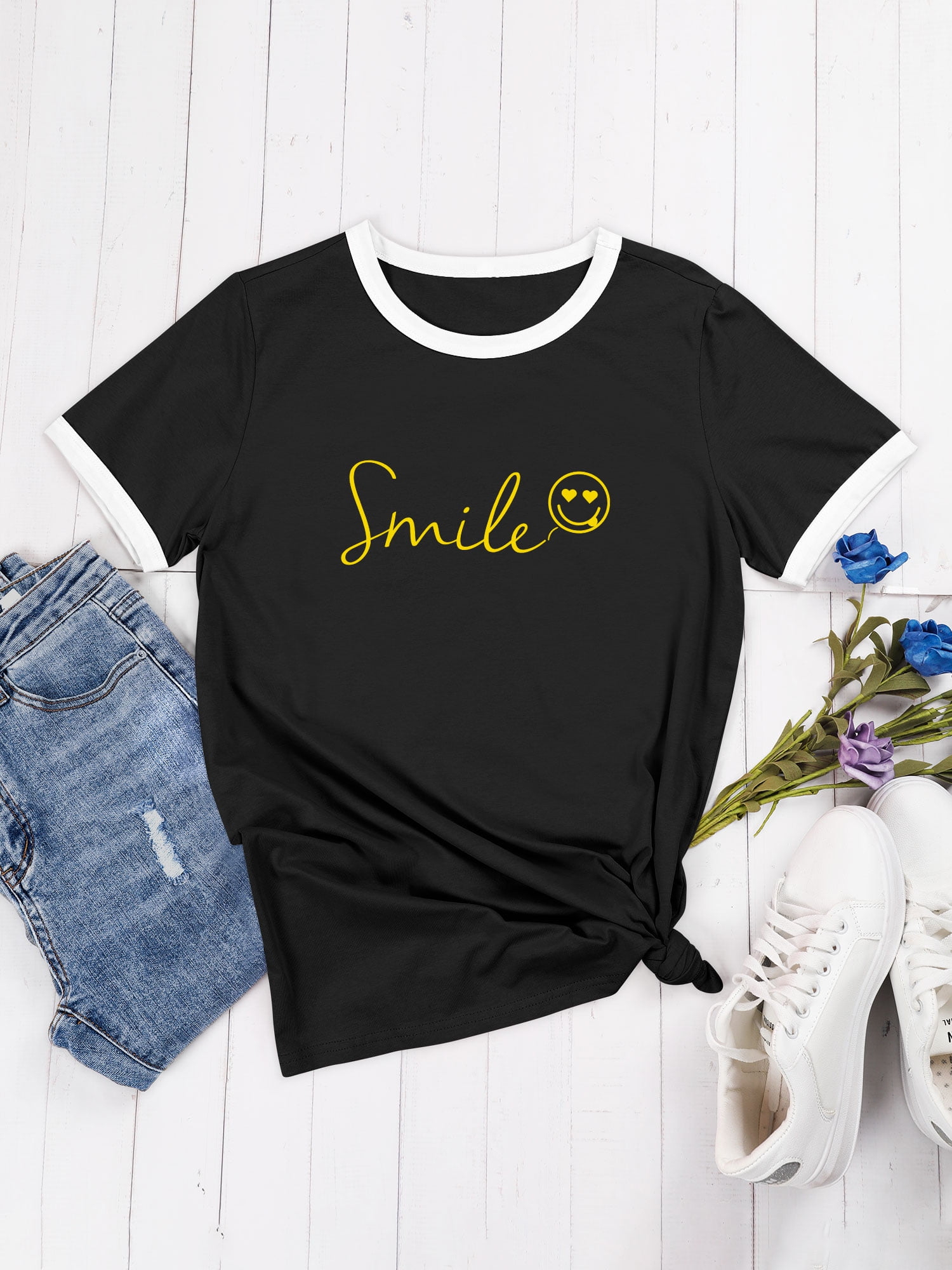 ZXSXSY T-Shirts for Women Happy Face Letter Print Graphic
