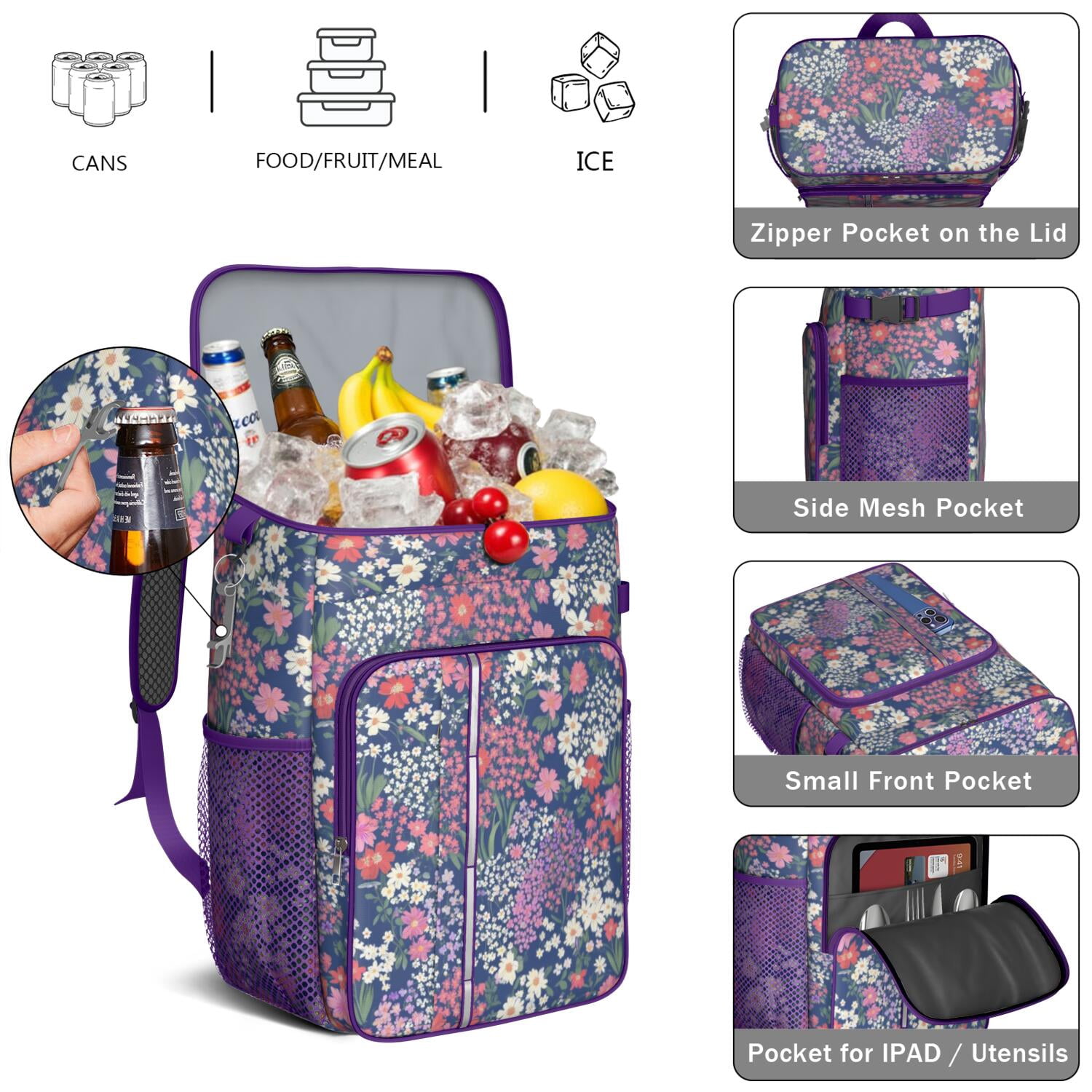 Travel Cooler Bag - Pioneer Flower Camping Beer Cooler Backpack with Bottle Opener- Waterproof Insulated Picnic Backpacks - Cooler Bag for Beach