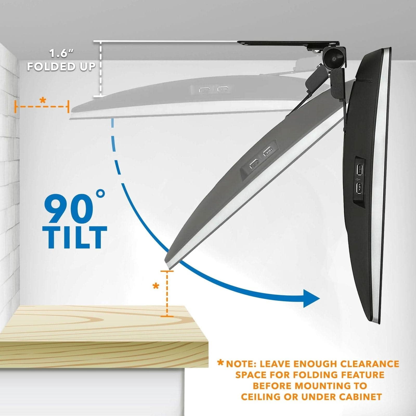 Mount-It! Kitchen Under Cabinet Mount TV Ceiling Mount Folding Bracket, 90 Degree Tilt, Fold Down, Swivel for 19" to 24" TV's, Capacity 18 lbs.