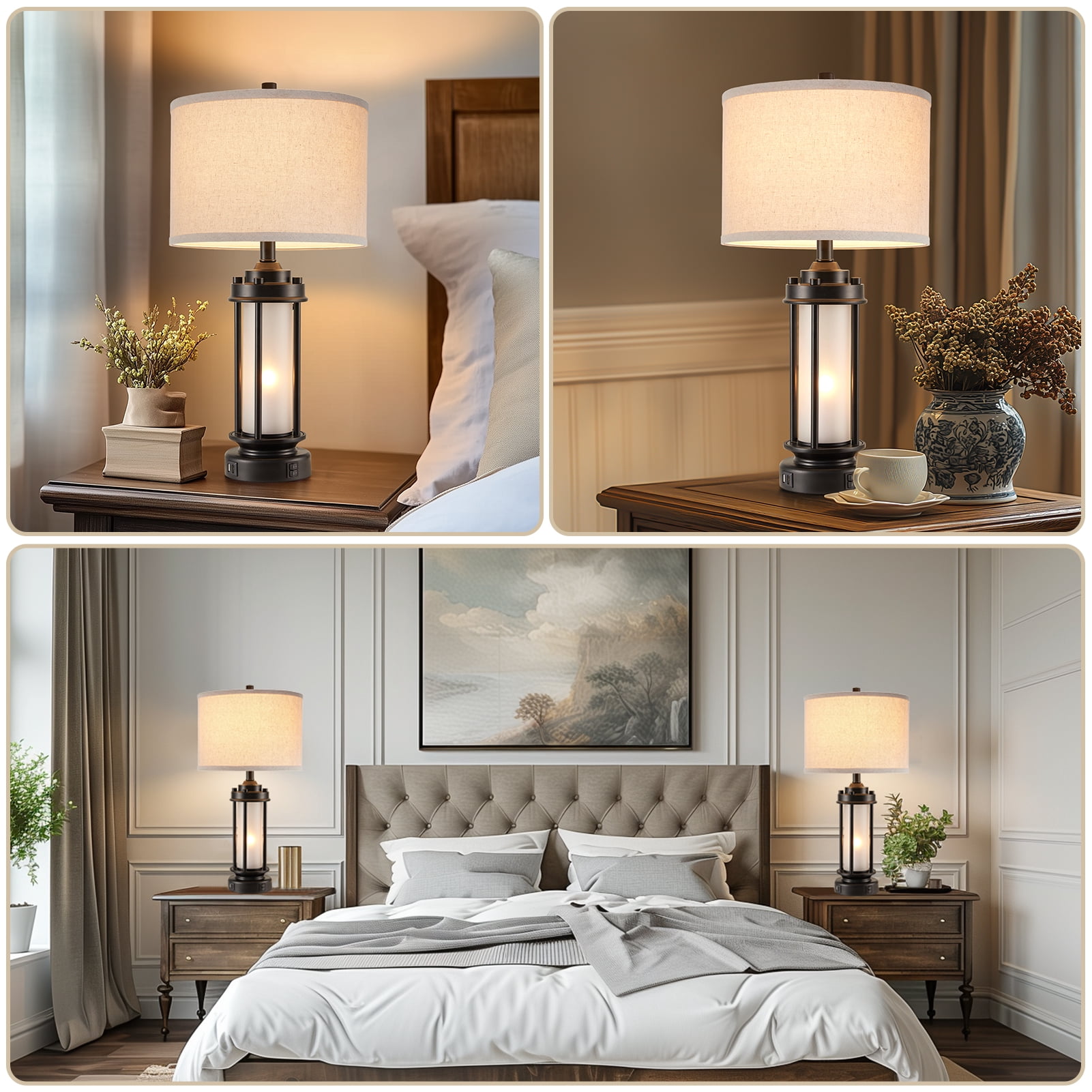 JUJUYUYOP 25" Rustic Living Room Farmhouse Table Lamp Set of 2, Featuring Dual USB Charging Ports and Night Light Function, Ideal for Living Rooms or Bedside Tables in Bedrooms (Bulb Included)