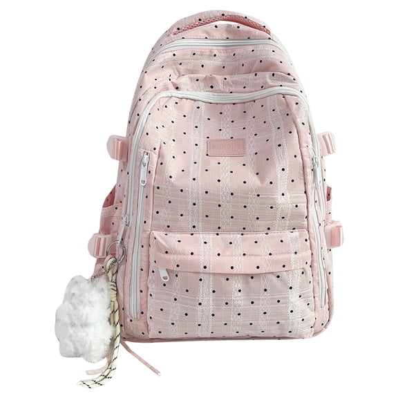 Polka Dots School Backpack, Aesthetic Backpack with Pendant, Multi-layer School Backpack for College Work Travel (Pink)