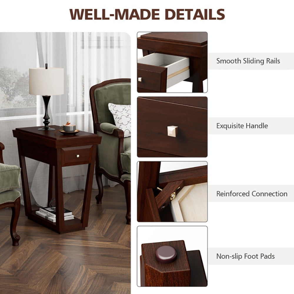 Finihen End Table, 2-Tier Rubber Wood Classic End Table with Drawer and Shelf, Sofa Side Table, Bed Side Table, for Living Room, Bedroom, Dark Brown Finihen End Table, 2-Tier Rubber Wood Classic End Table with Drawer and Shelf, Sofa Side Table, Bed Side Table, for Living Room, Bedroom, Dark Brown