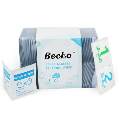 Becko Pre-Moistened Lens Cleaning Wipes for Glasses, Camera & Phone Screen, Individually Packaged, Plus Three Wet and Dry Wipes - 100