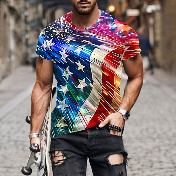 Blusas y camisas de manga corta y cuello redondo para hombre. Blusas de manga corta con cuello redondo y estampado del Día de la Independencia para hombre. Blusa para hombre.