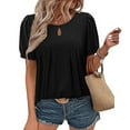thumbnail image 2 of New Summer Arrivals Olyvenn Womens Short Sleeve Tops Pleated Boho Shirts Casual Solid Crew Neck Tunic Shirts Summer Ruched Blouse Black XL, 2 of 8