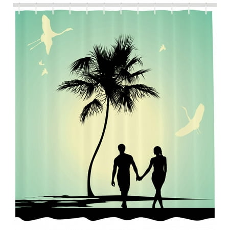 Shower Couple Romantic Shower Curtain, Married Couple walking on the Beach with Tropical Fauna and Flora, Fabric Bathroom Set with Hooks, Pale Green Seafoam Black, by Ambesonne ()