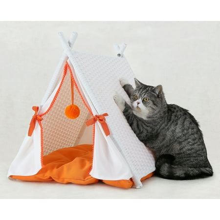 Baner Garden P515 Cat Small Dog House Tower Rattan Wicker Portable Furniture Tent Playpen with Soft Cushion, White and Orange