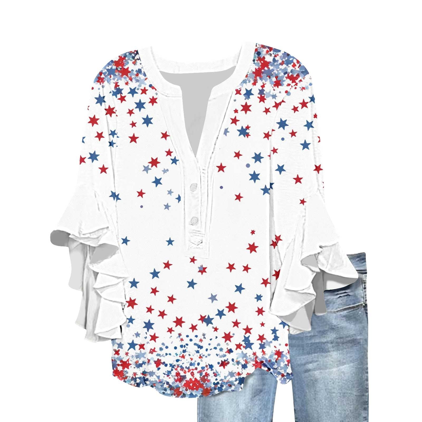 Womens Red White and Blue Blouse Womens Red White and Blue Shirts Patriotic Shirts Women Womens American Flag Tops Ladies New Lace 3/4 Sleeve V-Neck Button Independence Day Printed Tops