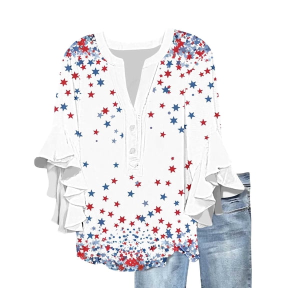 asdoklhq Plus Size 4th Of July Tops Oversized Tshirts Ladies Lace 3/4 Sleeve V-Neck Button Independence Day Printed Multicolor M