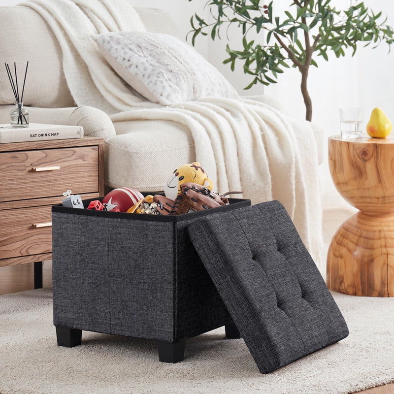 Ornavo Home 15 Inch Folding Storage Ottoman with Storage, Square Cube Linen Small Storage Ottoman Foot Rest Stool with Legs