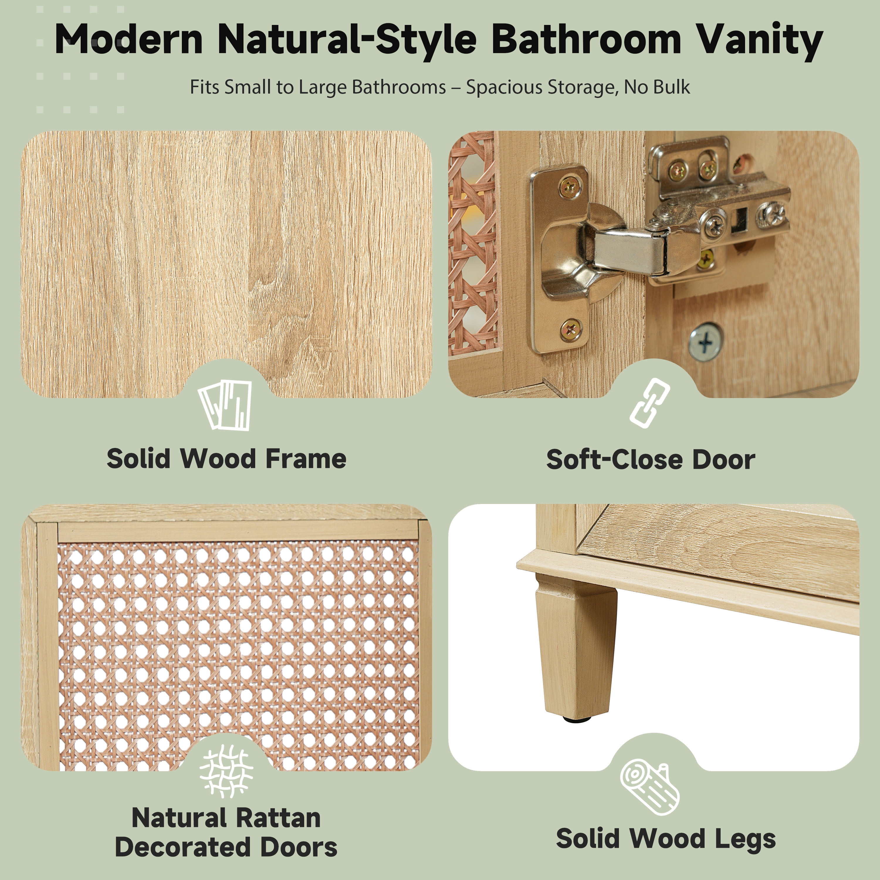 Mintazer 48 Inch Rattan Bathroom Vanity, Coastal Boho Single Sink Bath Cabinet with 5 Drawers & Soft Close Rattan Doors, Natural
