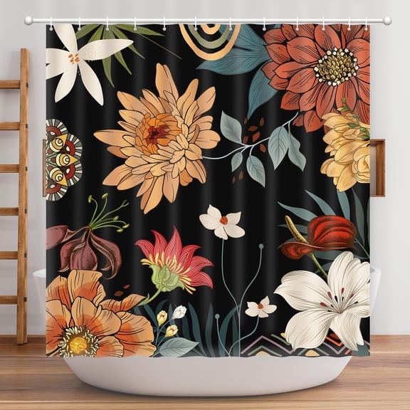 Boho Botanical Floral Shower Curtain for Bathroom Dark Moody Wildflower Fabric Shower Curtain with Hooks 71x71 inches