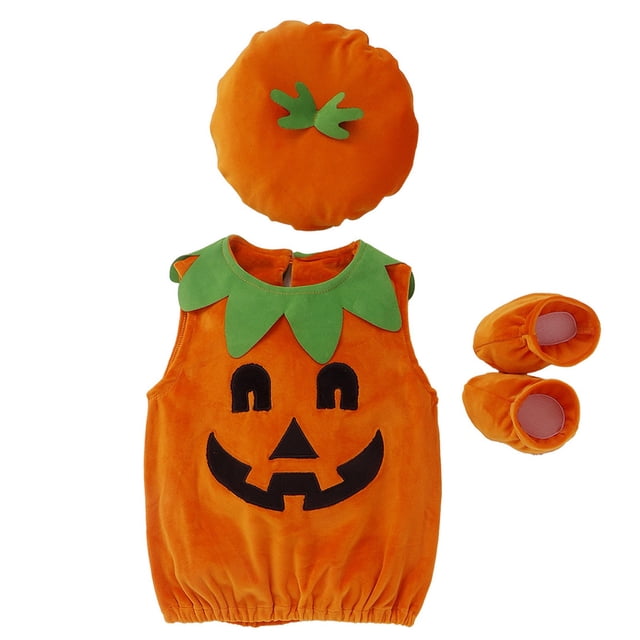 De Adorable disfraz de calabaza para bebé. Incluye gorro, mameluco y patuquitos, perfecto para Halloween.