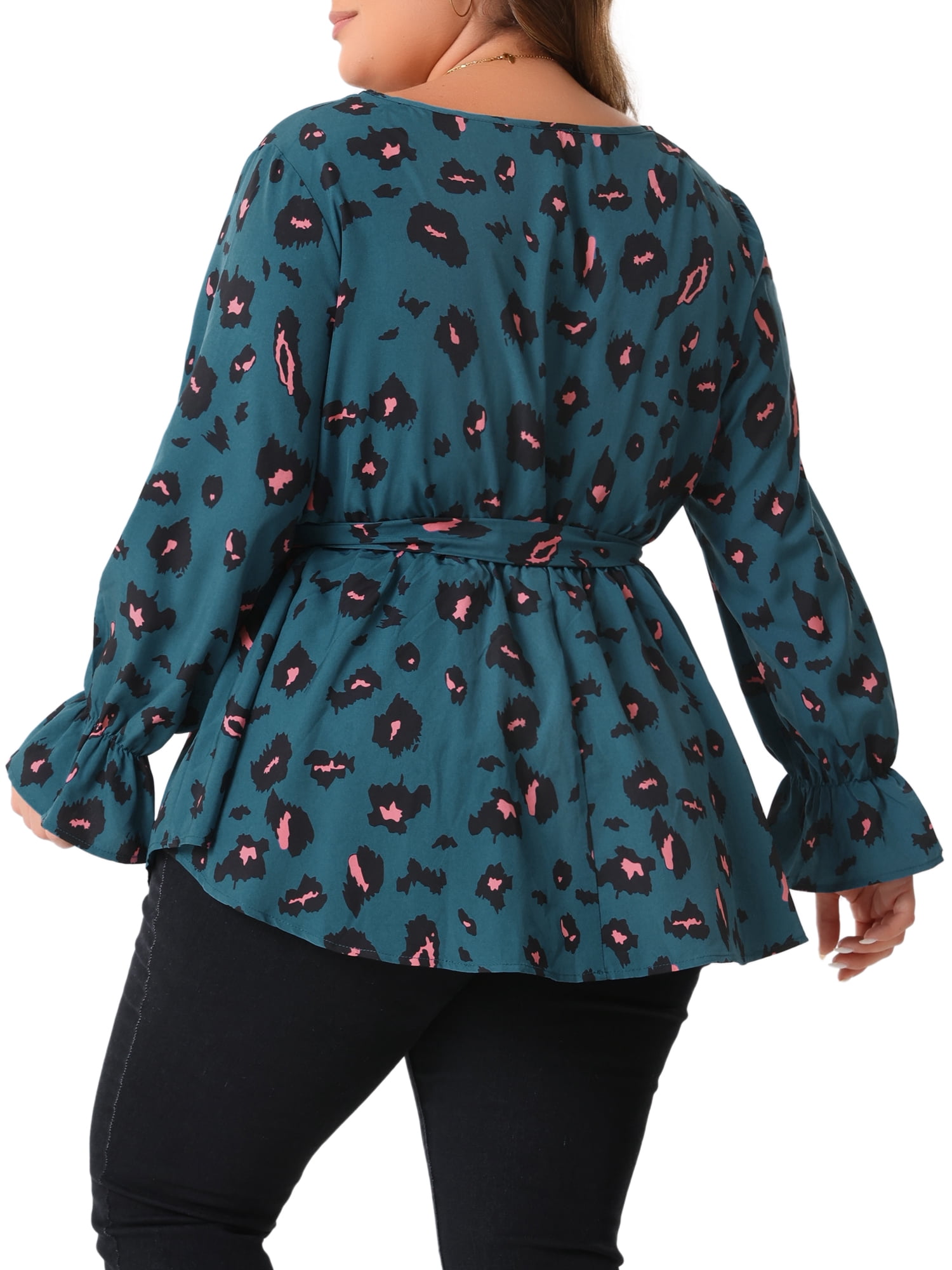 DARING DIVA Women's Plus Graphic Print Belted Long Sleeve V Neck Top 1X Teal Blue