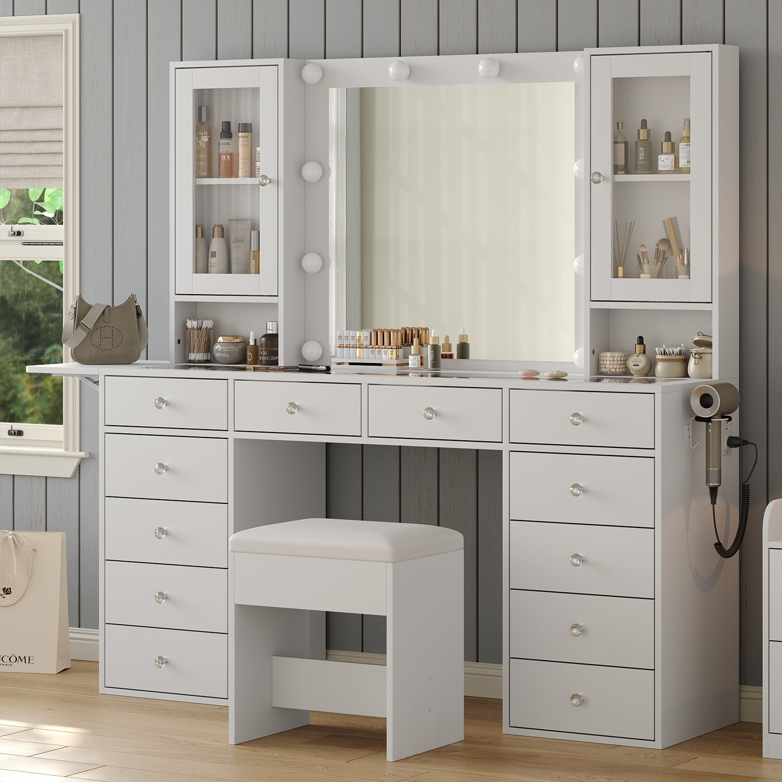 Yanosaku Vanity Desk with Mirror, 10 LED Lights, 12 Drawers, Glass Top Vanity Table with Stool for Bedroom