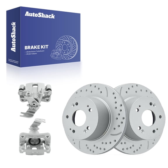 AutoShack Rear Solid Drilled & Slotted Coated Brake Rotors Silver Matte Finish   Calipers 4-PC Brake Kit Replacement for 2008-2012 Honda Accord 2009-2014 Acura TSX TurboGuard 11.1" (282 mm)