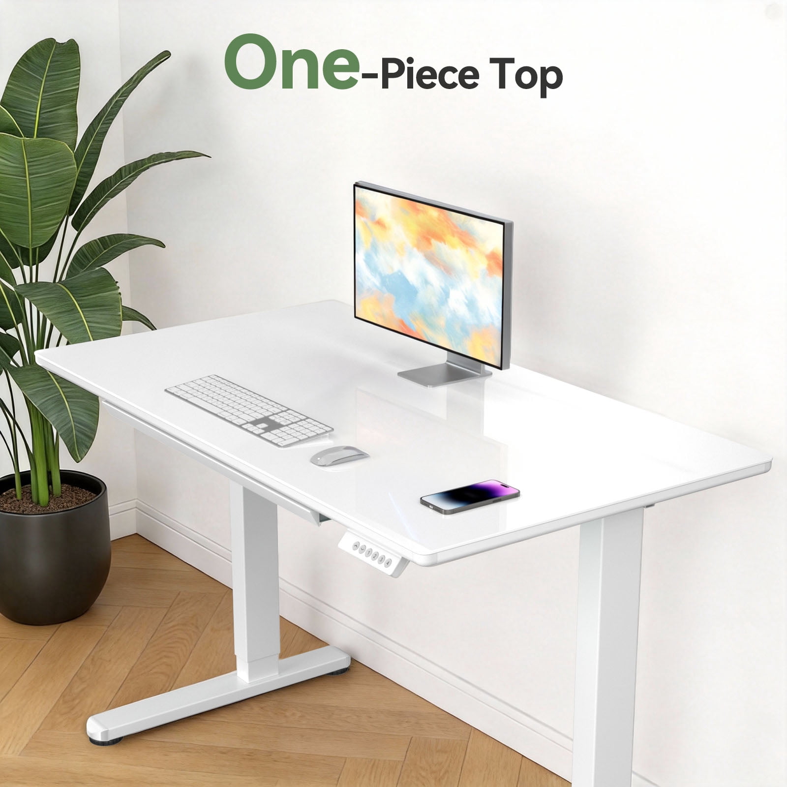 Kyspho Glass Top 48" x 24" Electric Standing Desk with Drawer, Height Adjustable Sit Stand Desk for Home Office, White