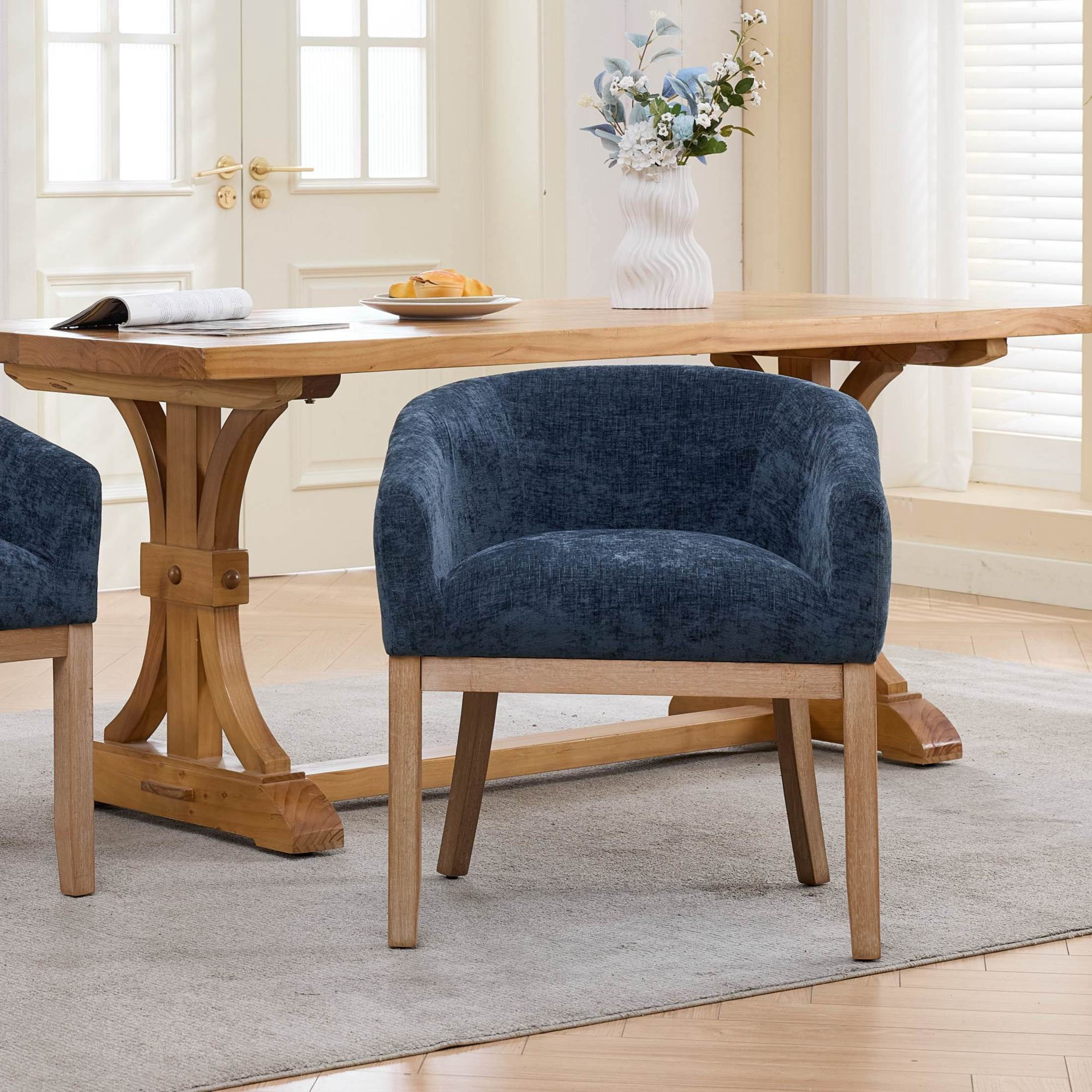 Noble House Barrel Dining Chair with Arms, Chenille Upholstery, Rubberwood Frame, Blue