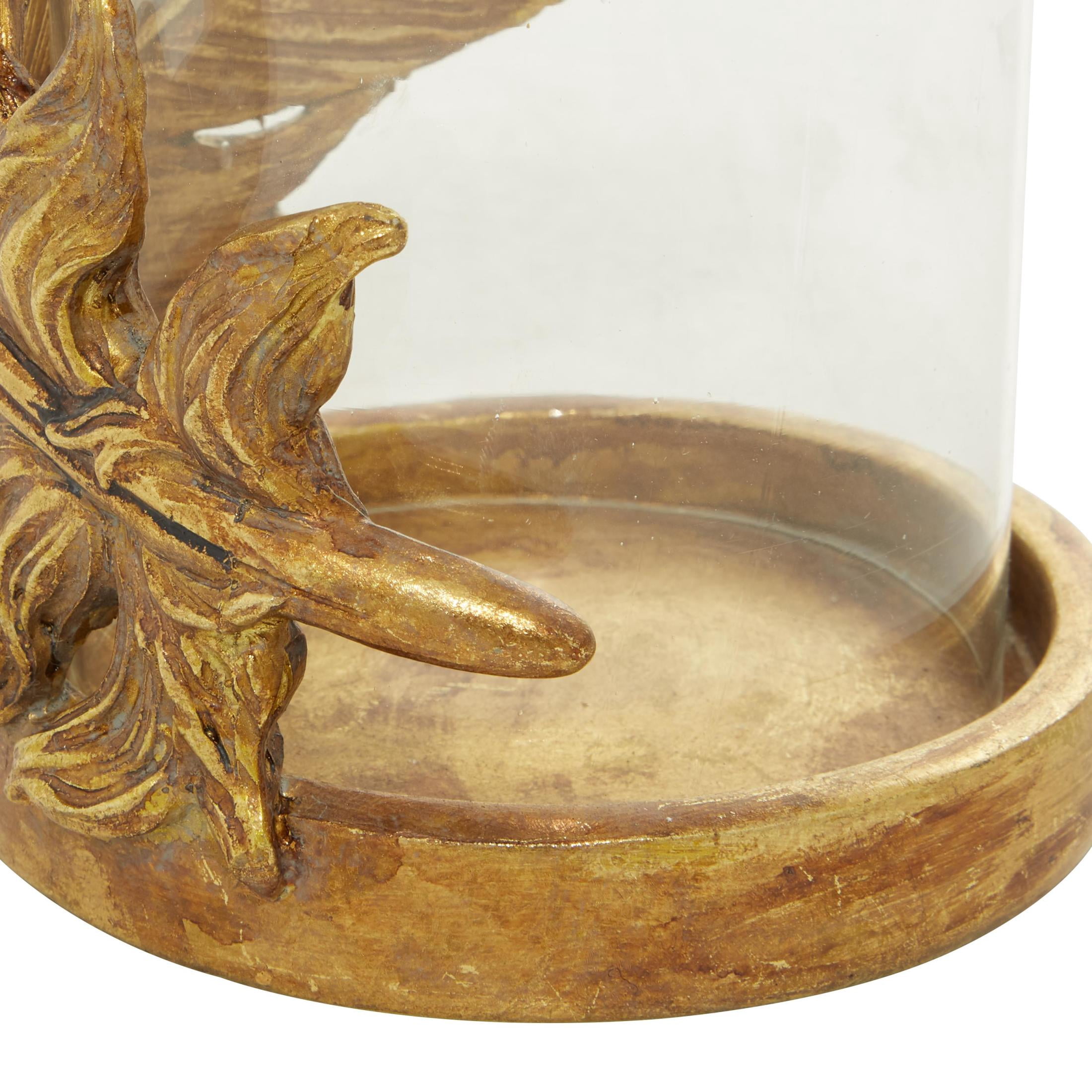 DecMode Gold Glass Bird Feather Pillar Hurricane Lamp