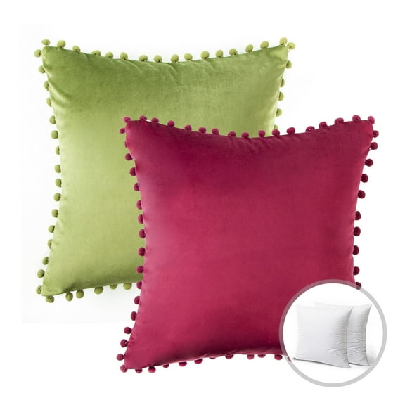 Phantoscope Christmas holiday Decorative Throw Pillow Set, Pom Pom Velvet Series Covers with inserts, 18" x 18", Red and Green, 2 Pack