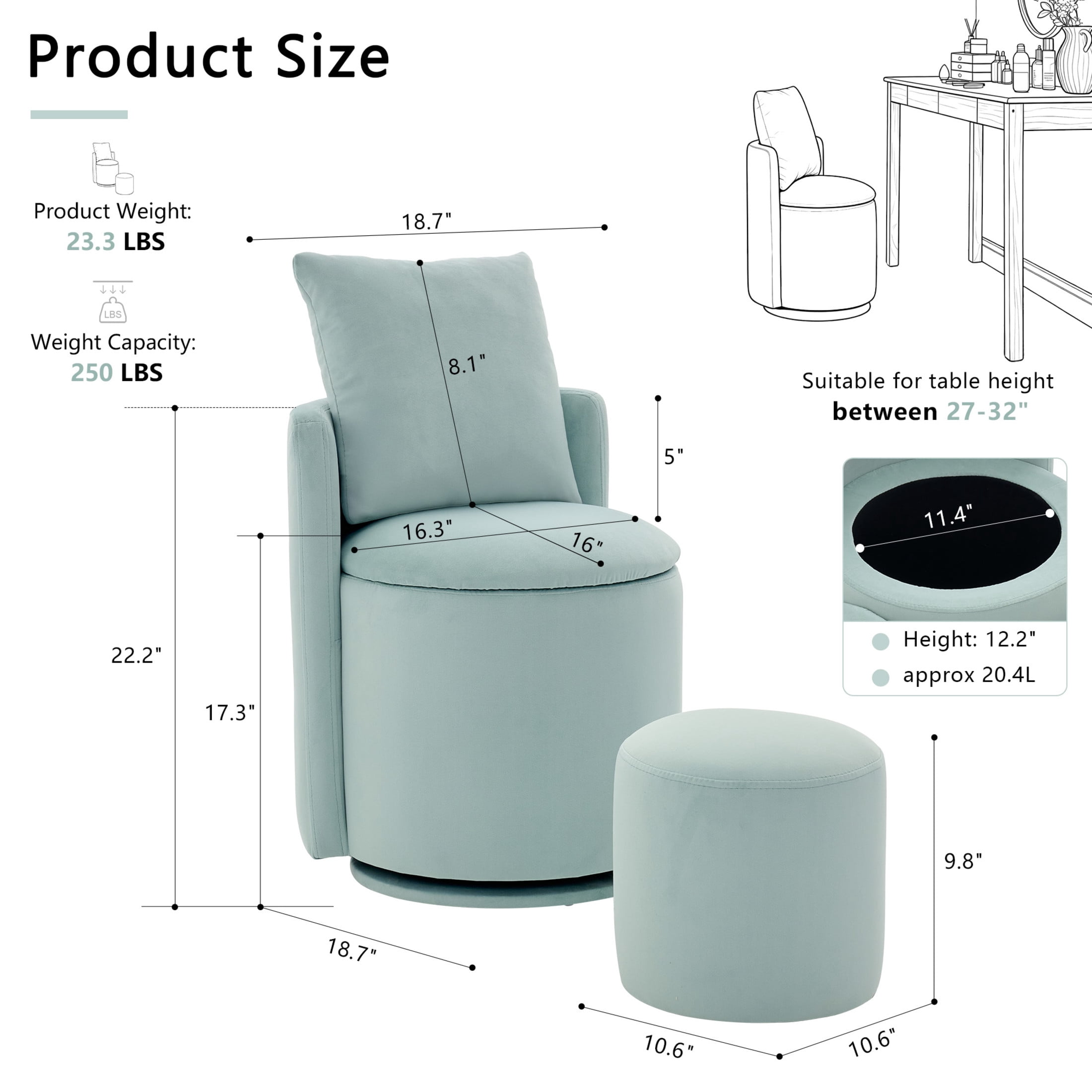 Noble House Velvet Swivel Accent Chair with Ottoman & Toss Pillow, Storage Barrel Chair, Aqua
