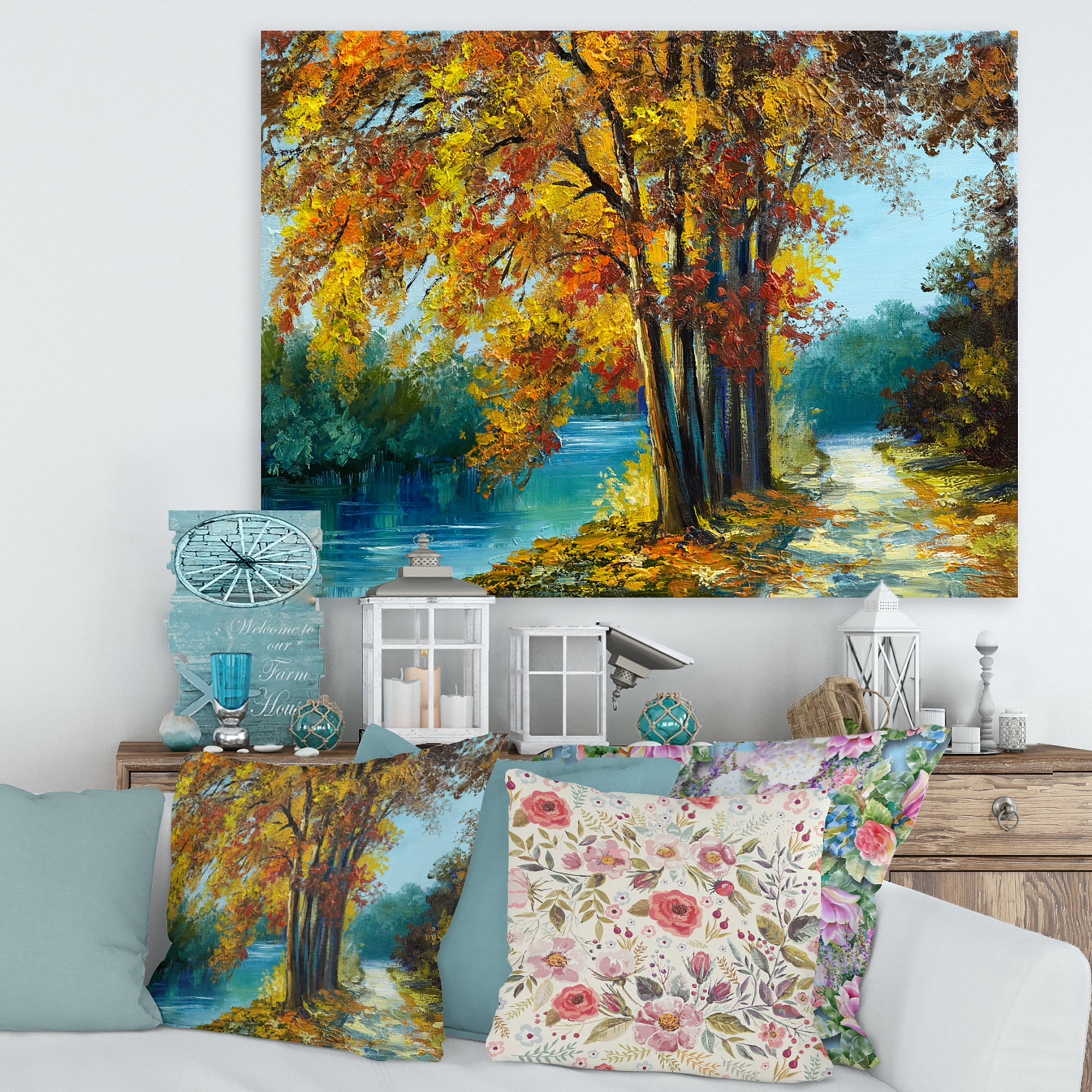 Designart ' Abstract Trees In Warm Autumn Colors By Bright Blue River ' Traditional Canvas Wall Art Print