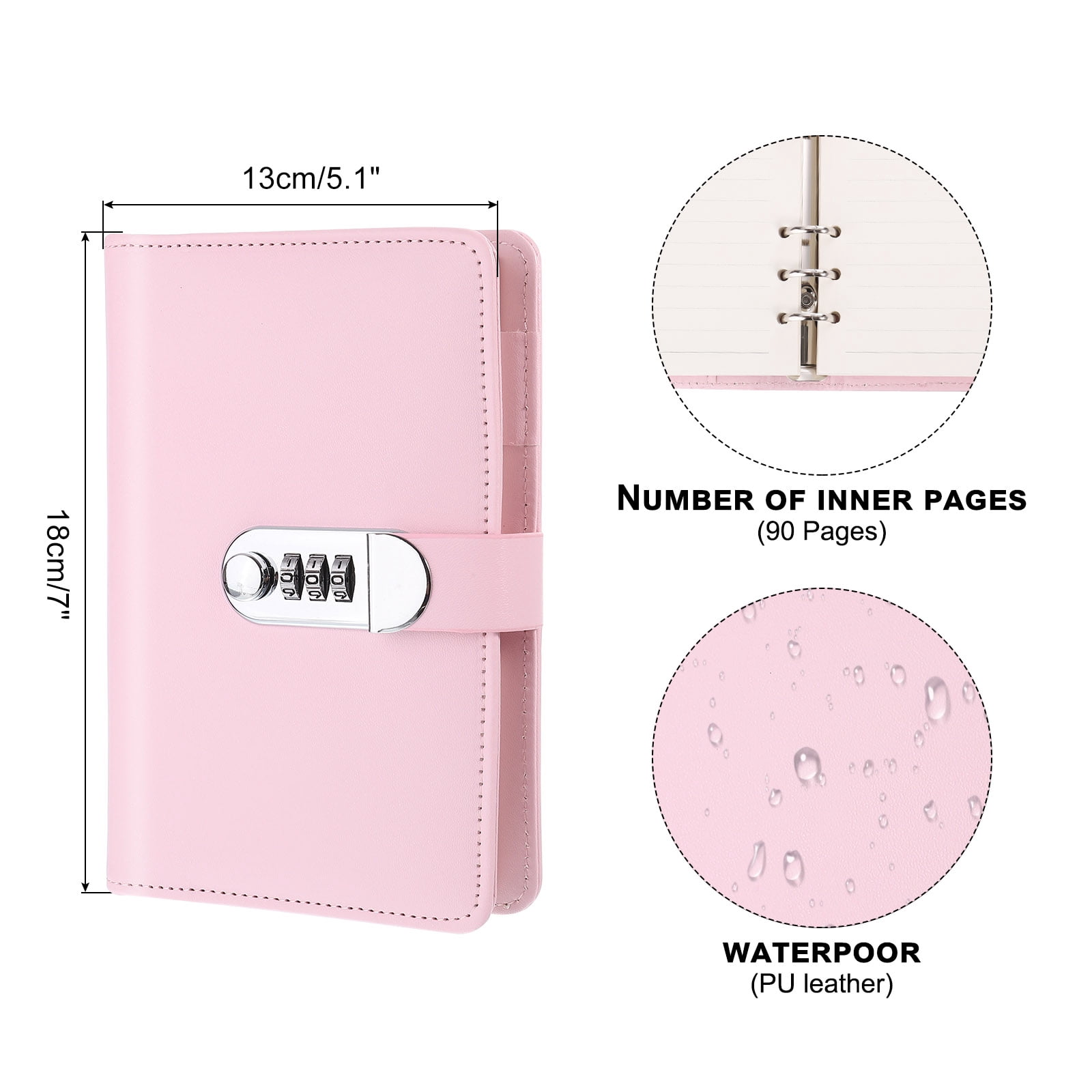 A6 Diary with Lock, Journal with Lock Cute Journaling Leather Notebook Journal Diary Binder Refillable Paper, Pink