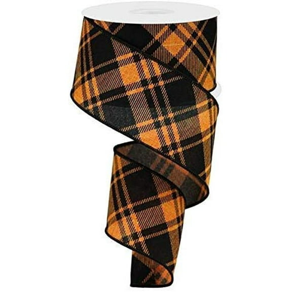 Diagonal Stripe/Check Wired Edge Ribbon - 10 Yards Orange, Black, 2.5"