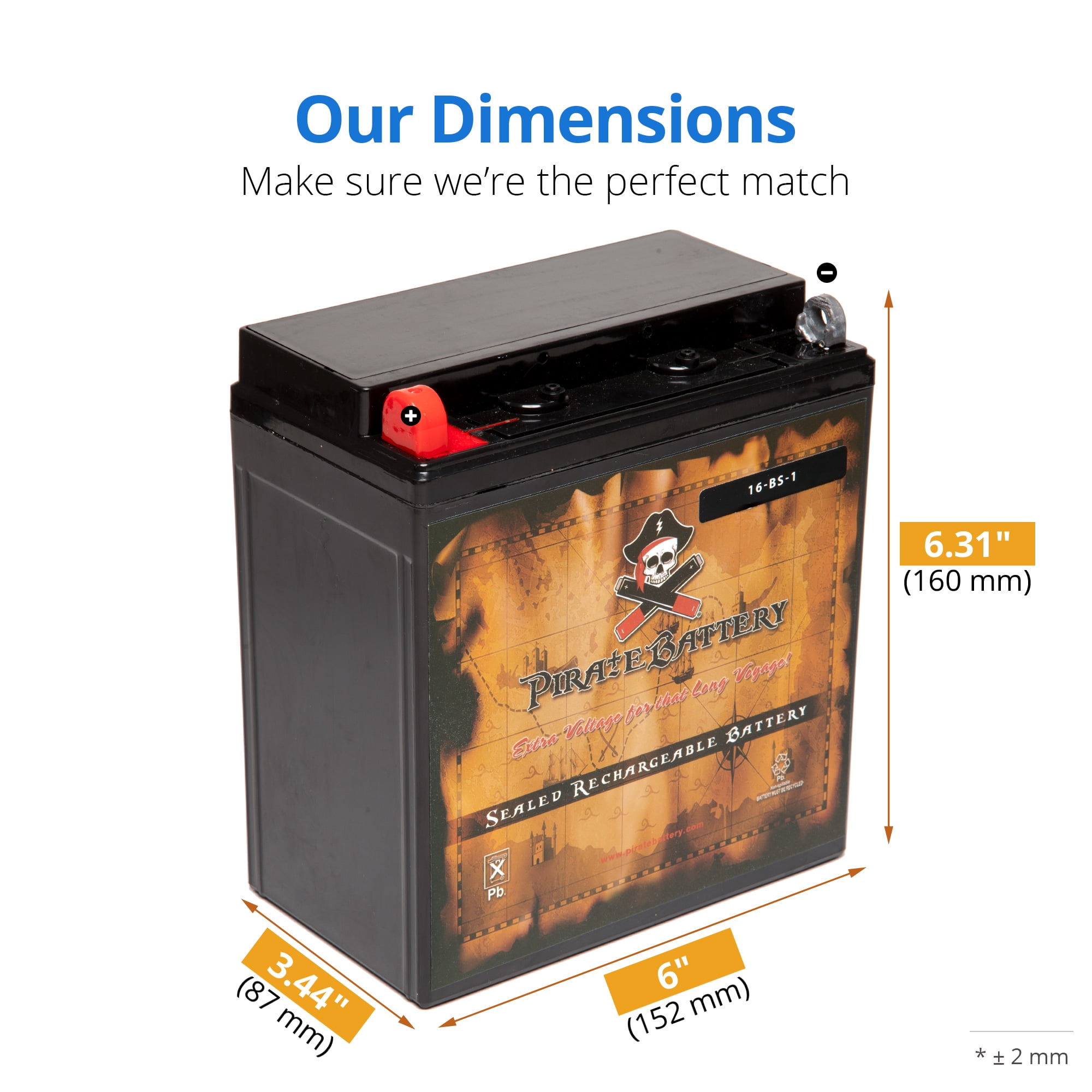 Pirate Battery Ytx16-bs-1 (16-bs-1 12 Volts,14 Ah, 165 Cca) High Performance - Maintenance Free - Sealed AGM Motorcycle Battery