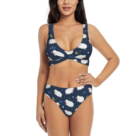 Zeuib Cute Sheep 1 High Waisted Tummy Control Bikini Set - Knot Front Push Up Top & Cheeky Thong Bottom  Two-Piece Swimsuit for Women-X-Large
