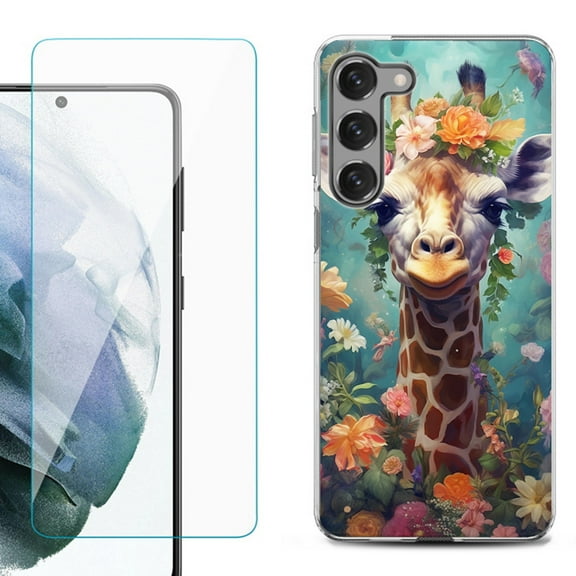 OneToughShield ® for Samsung Galaxy S23 5G Shockproof Fashion Phone Case, with Tempered Glass Screen Protector - Giraffe Flower