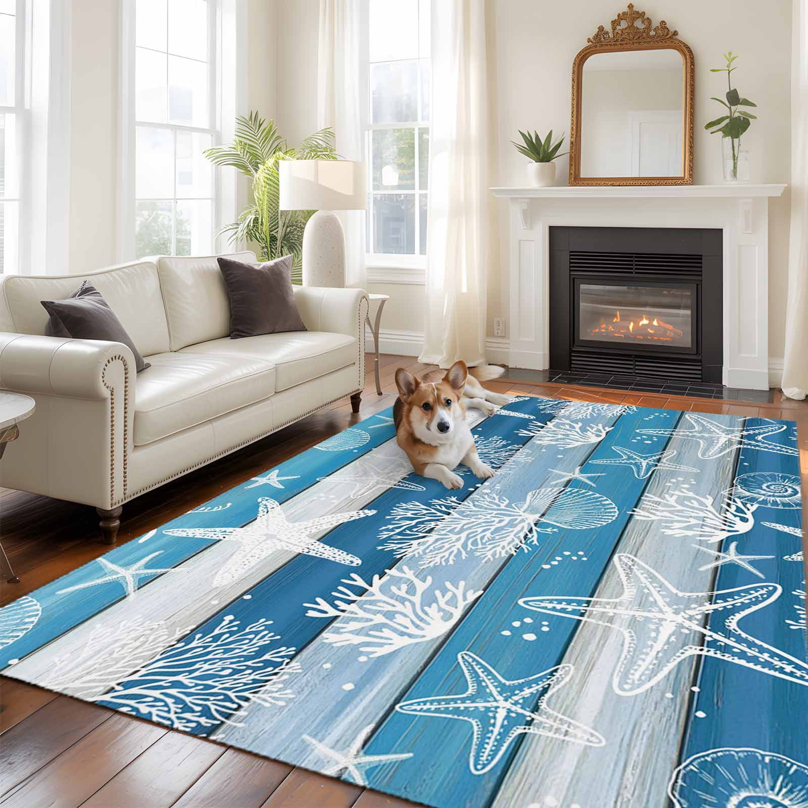 5'x7' Area Rugs for Living Room Bedroom, Blue Coastal Beach Washable Rug Carpet Runner Indoor Outdoor, Nautical Starfish Coral Vintage Wooden Non Slip Floor Mats Area Rug for Kitchen, Nursery