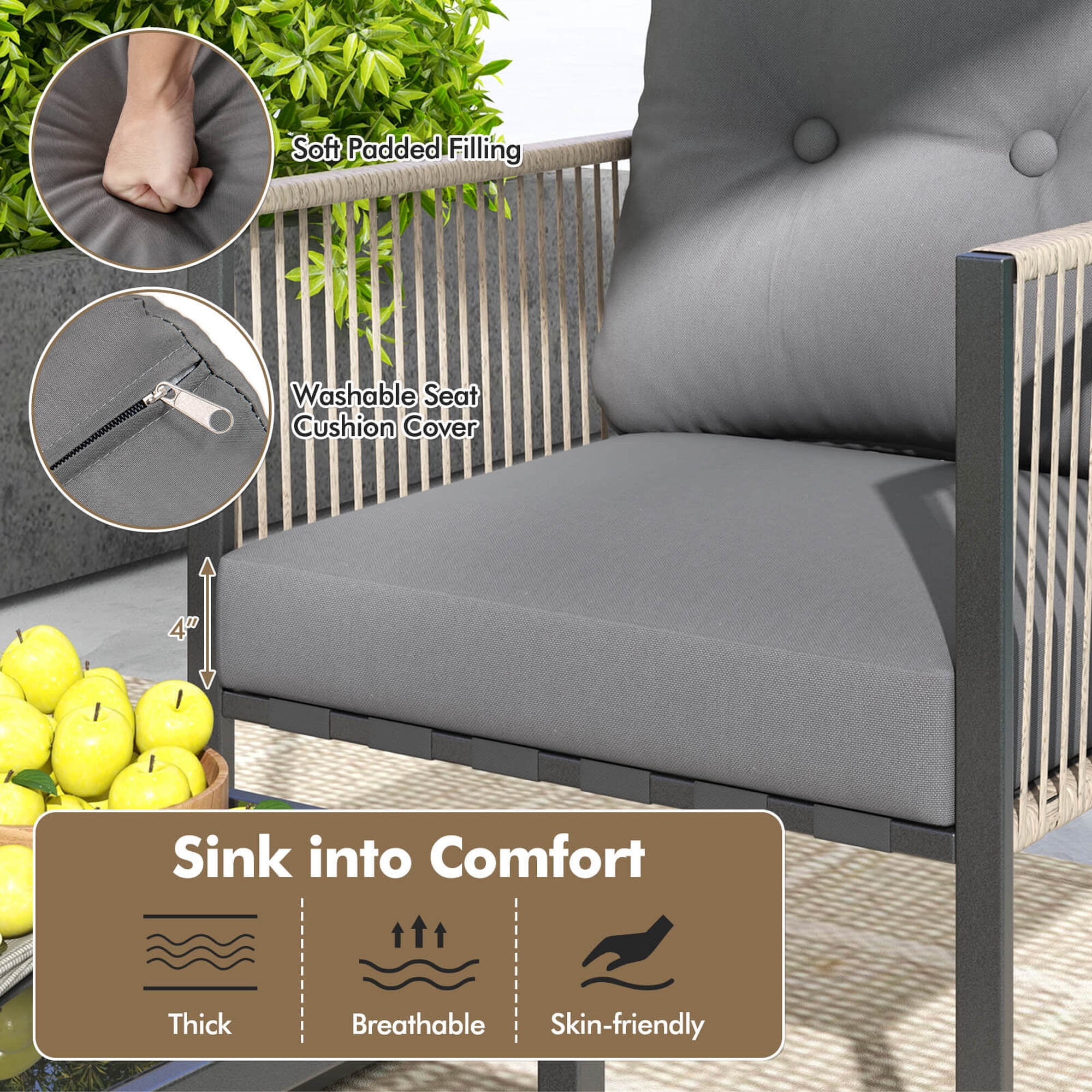 Costway 4 PCS Patio Furniture Set PE Rattan Conversation Sofa Set with Thick Cushions