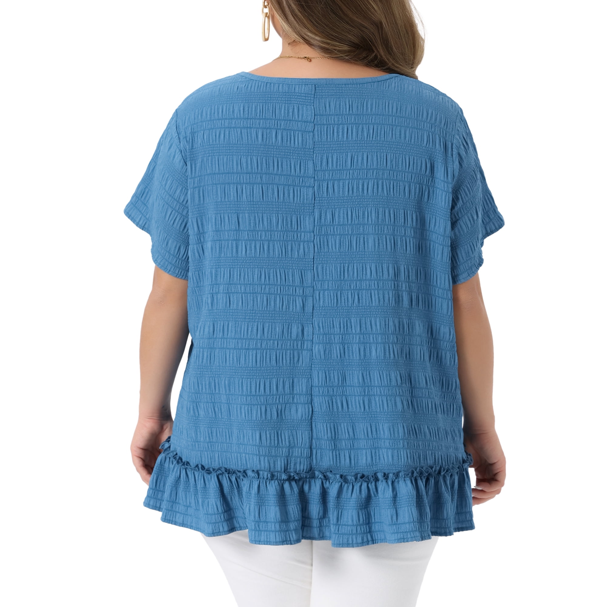 DARING DIVA Women's Plus Crew Neck Short Sleeve Loose Fit Flowy Blouse Top 1X Blue