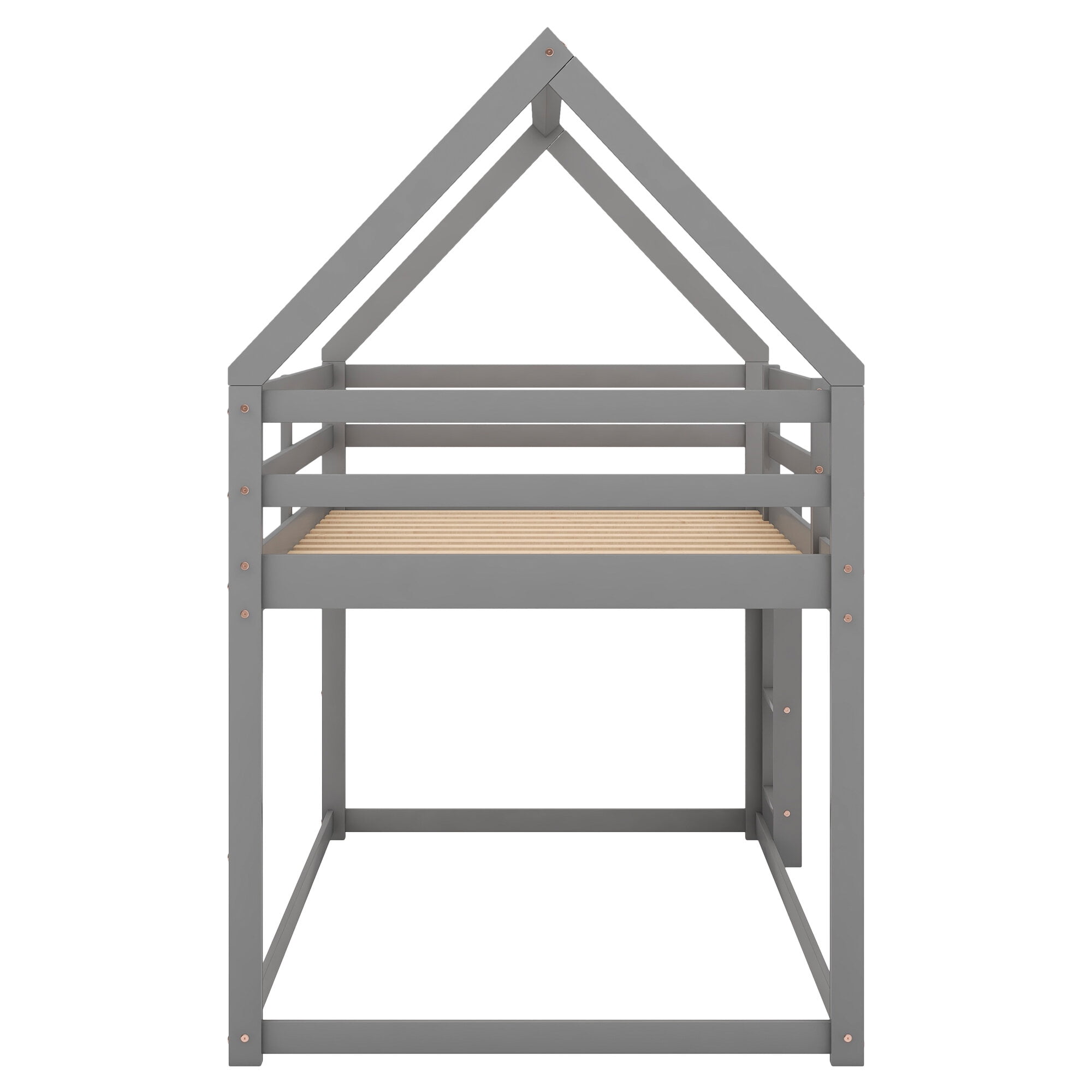 Twin Size Adjustable Bed Base, Twin over Twin Low Bunk Bed, House Bed with Ladder , Gray(OLD SKU:WF197808AAE), Gray Bed Frames,Pine Platform Bed Frames