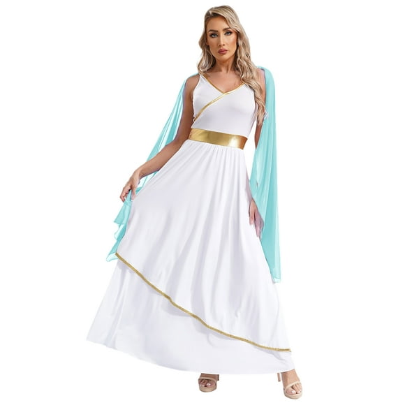 iefiel Womens Grecian Princess Roman Queen Costume Ladies Maxi Long Dress Halloween Carnival Party Dress Up Light Blue S