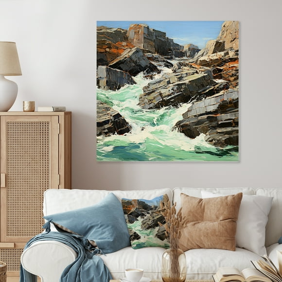 Designart "Impressions de Marée Rocheuse" Art Mural en Métal Vagues Modernes Abstraites, Décoration Murale en Métal Gris, Décoration Artistique Moderne pour Bureau - 29x29 Pouces