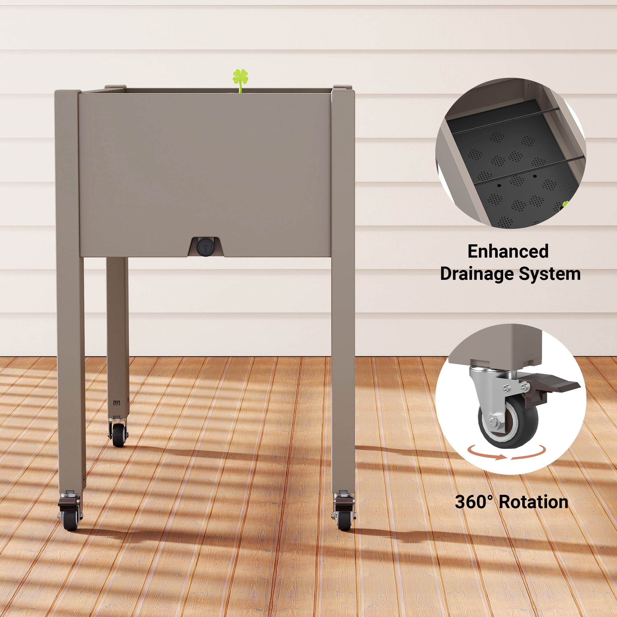Raised Garden Bed - Outdoor Elevated Planter with Weatherproof Resin, Effective Drainage & 4 Swivel Wheels for Backyard, Patio and Balcony, Grey