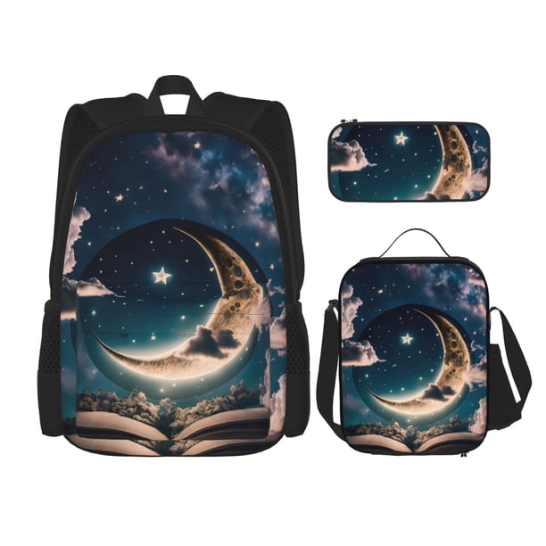 Disketp Artistic Starry Sky Moon Book Mochila Estampada de Gran Capacidad con Lonchera y Estuche, Set de 3 Piezas para Estudiantes