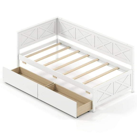Costway Twin Size Daybed with 2 Storage Drawers Slats Support & Guardrails Sofa Bed White