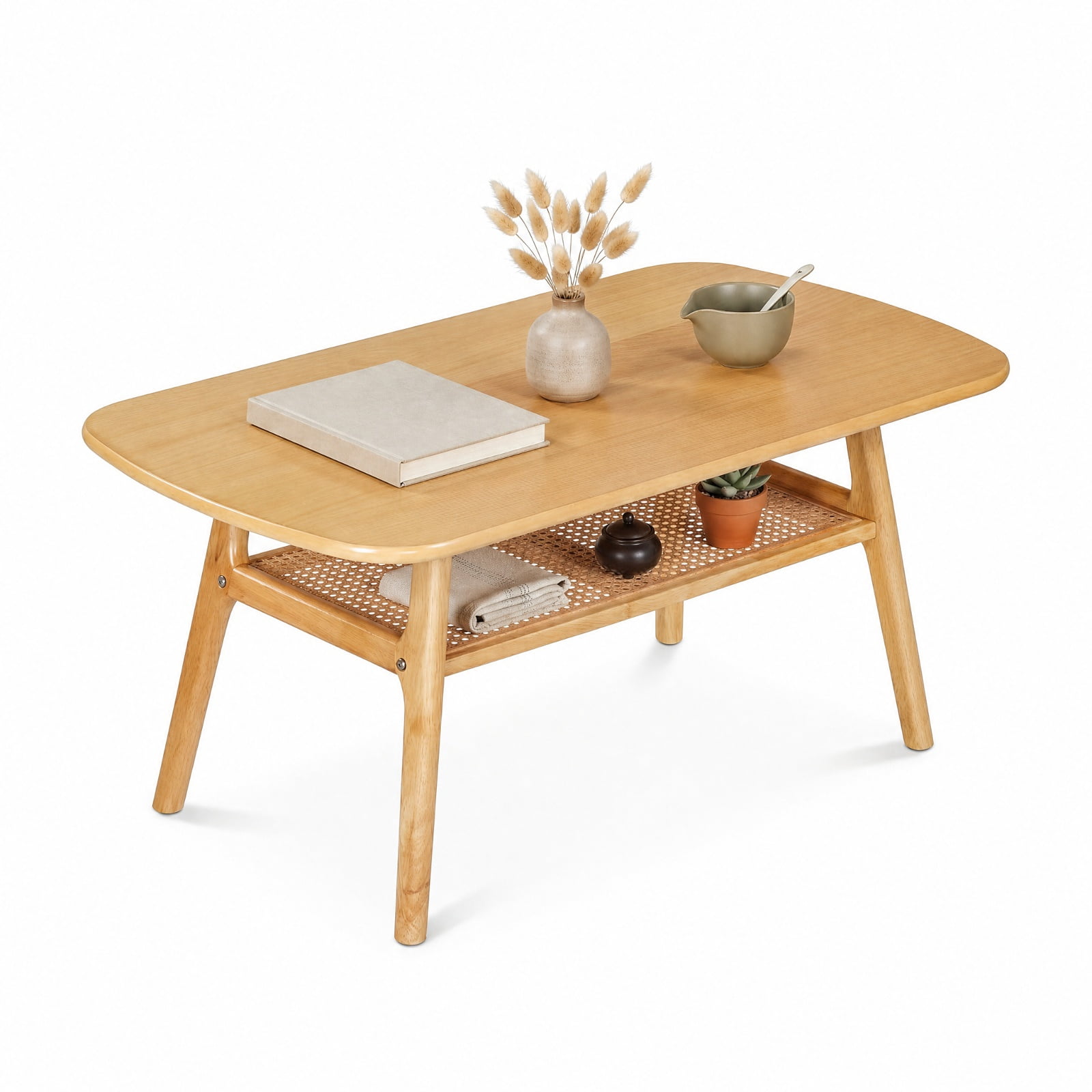 Furnibear 2 Tier Boho Rattan Coffee Table with Rounded Corners Rubber Wood Frame and Woven Open Shelf for Living Room, Natural