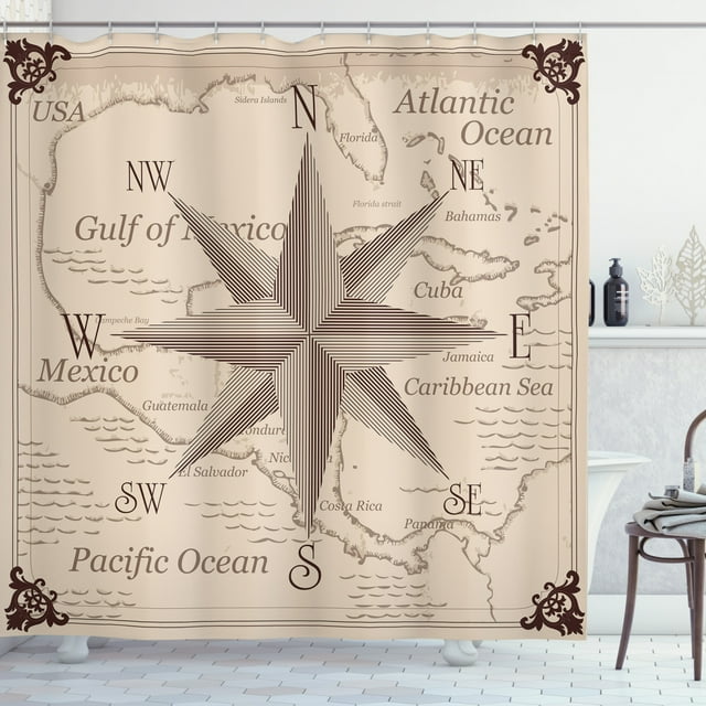 Ambesonne Compass Shower Curtain, Central America Map, 69"Wx70"L, Lilac Plum