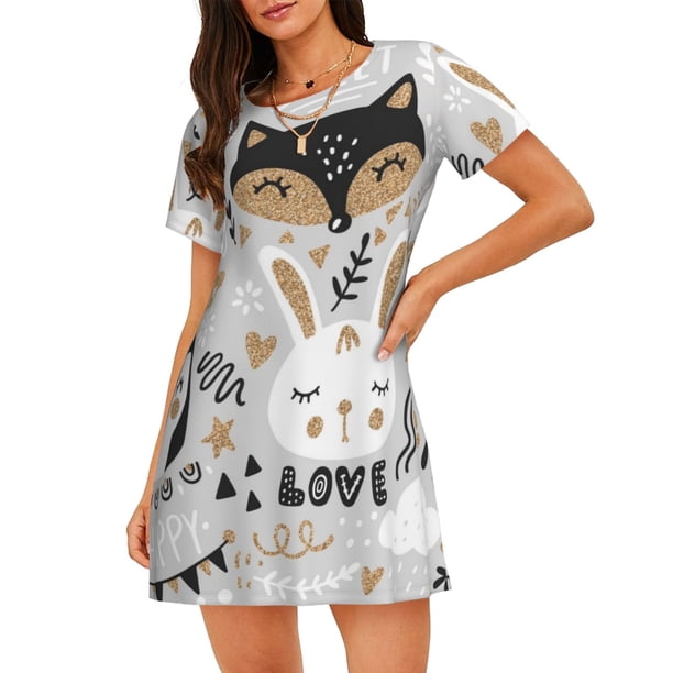 Balery Funny Animals Series Camisón de manga corta con cuello redondo para mujer, cómodo y elegante.