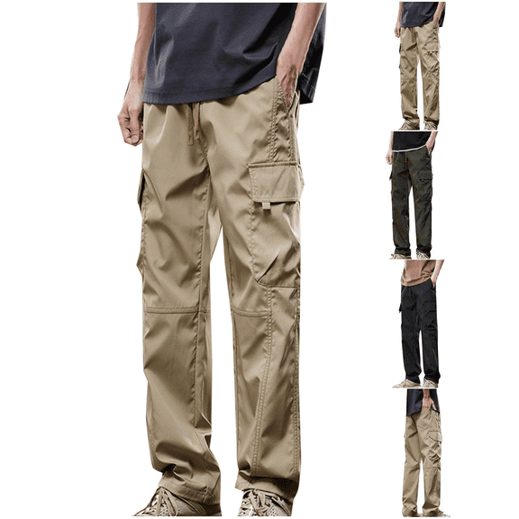 FEIIBMOYRIA Men Cargo Straight Leg Pants Men's Lightwetght Elastic Drawstring Waist Loose Solid Color Pants Mulit Large Flap Pockets Fashion Comfy Daily Streetwear Casual Pants