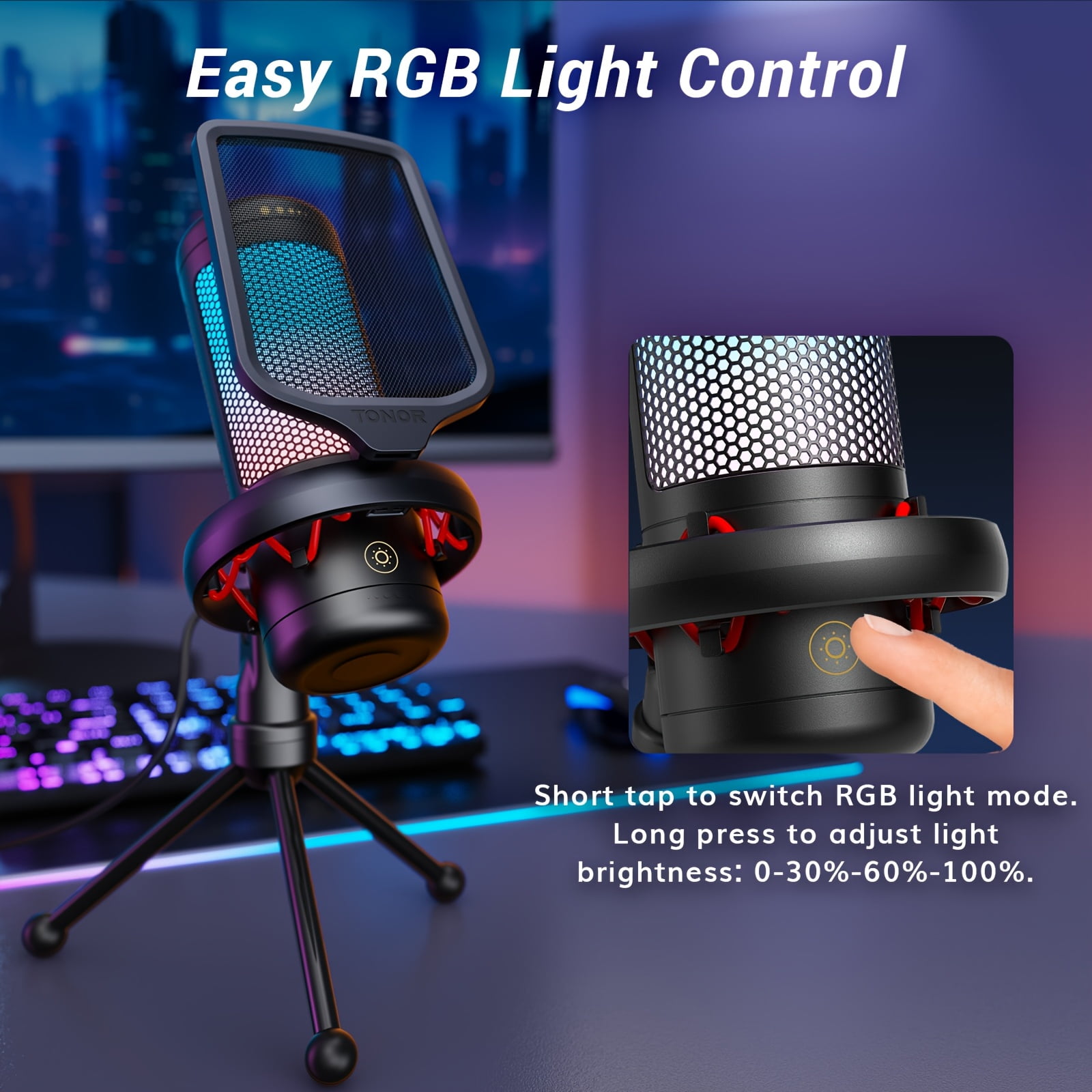 USB- Compatible RGB Gaming Microphone with Boom Arm & Shock Mount - USB- Condenser Mic Suitable for Streaming, Podcasting, Voice Recording, PC Computer Setup, Pop Filter System for Studio Recording