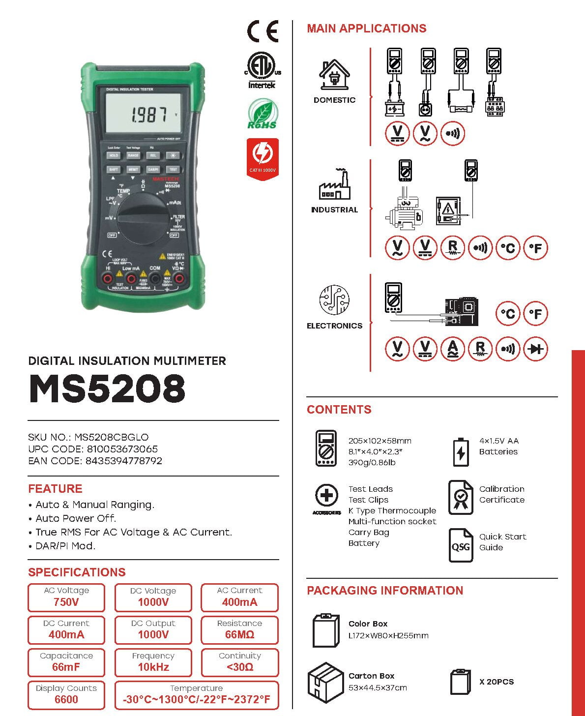 MASTECH MS5208 Insulation Testers Digital Multimeter Insulation Resistance Meter True RMS AC Voltage Current Temperature Tester(MS5208)