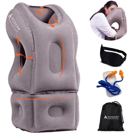 Modern Advantage Inflatable Travel Pillow for Airplanes with Adjustable Extra Bottom, Support Head & Chin to Avoid Neck & Shoulder Pain, for Travelling, Office Napping with Eye Mask & Earplug (Grey)