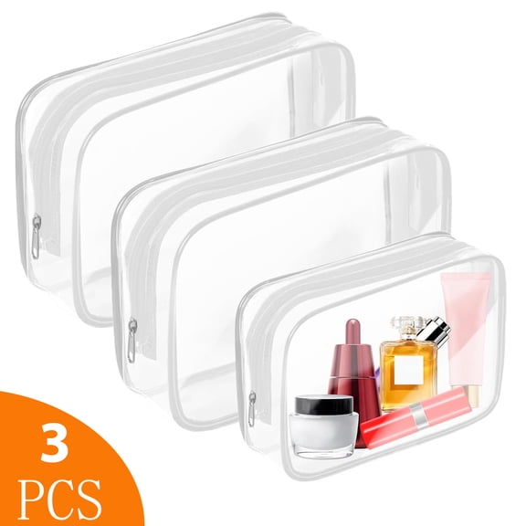 3 Pack Clear Makeup Bag,Portable Travel Toiletry Bags with Zipper, TSA Approved Clear Organizer Bags, PVC Cosmetic Pouch for Airport Airline Compliant