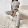thumbnail image 5 of BYHONG Women's Two Piece Knit Matching Outfits Crew Neck Slit Hem Tee and Pants Tracksuit Sets Features: Grey L, 5 of 7